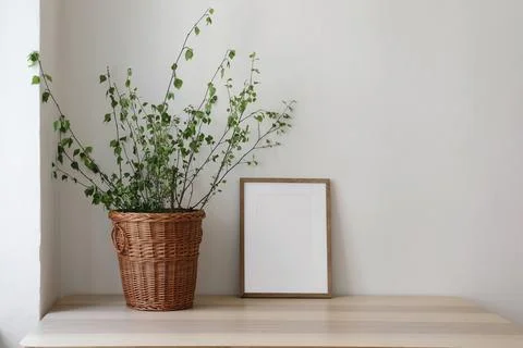 Spring, Easter still life. Elegant Scandinavian living room, home office. Empty Foto stock