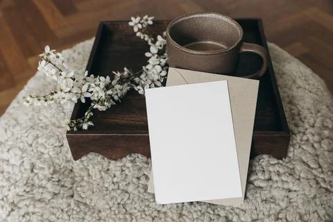 Spring Easter still life. Greeting card, envelope mockup. Cup of coffee Fotos de archivo