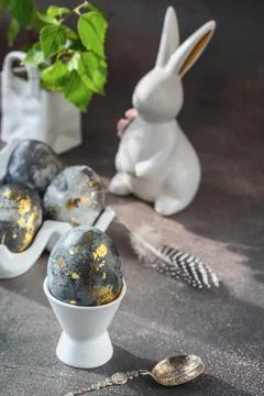 Spring Easter still life. White rabbit and eggs painted with gold pattern o.. 写真素材