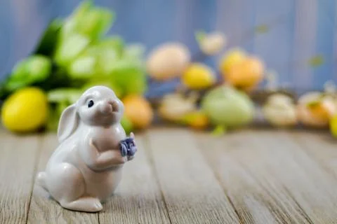 Spring Easter still with white rabbit and flowers (4) Stock Photos