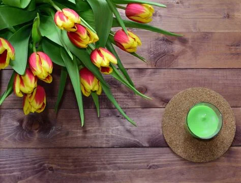 Spring Easter tulips on wooden background.View with copy space Stock Photos