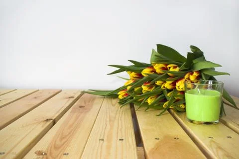 Spring Easter tulips on wooden background.View with copy space Stock Photos