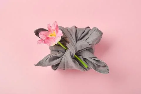 Spring eco-friendly gift wrapped in grey textile with one pink tulip flowers  Stock Photos