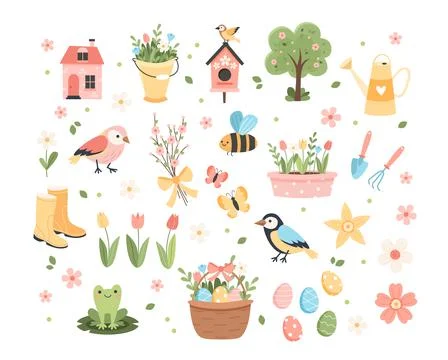Spring elements collection - cute birds, bees, flowers, butterflies. Easter eggs 库存插图