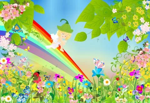 Spring elf on a rainbow Stock Illustration