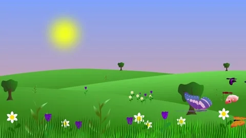 Spring environment animation with butterflies and fields, flat graphic cartoon Stock Footage 262608904