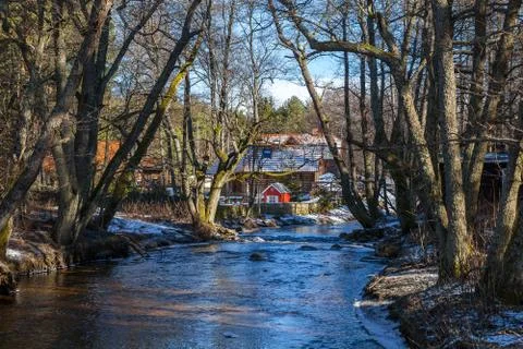 Spring Estonian river with bare trees and beautiful wooden house. Small village. Stock Photos