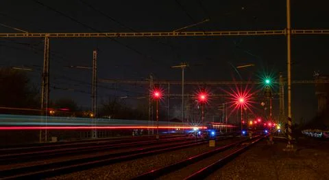 Spring evening with semaphore lights and trains in Stare Mesto CZ 03 28 2025 Stock Photos