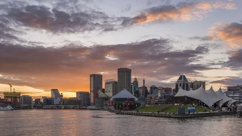 Spring Evening Sunset Over Baltimore's Inner Harbor Timelapse Video stock 82252132