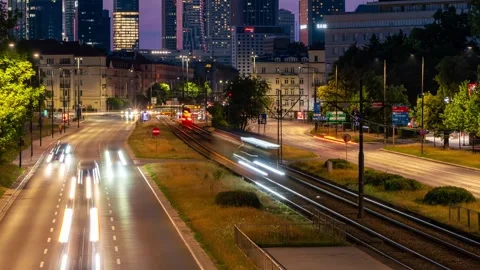 Spring Evening Traffic Flow in Mokotow, Warsaw Skyline Timelapse Stock Footage 279142446