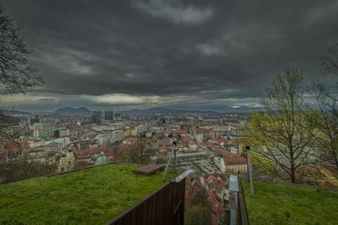 Spring evening view for main old square in Ljubljana 03 31 2023 Stock Photos