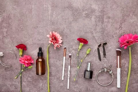Spring feminine set with make up brushes, accessories, dropper bottle, nail Stock Photos