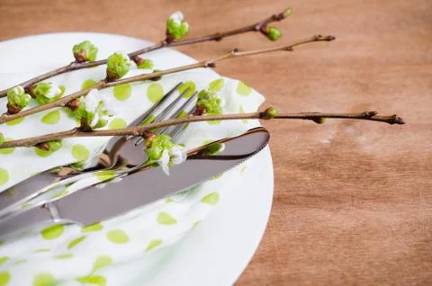 Spring Festive Table Setting with Cutlery. Stock Photos