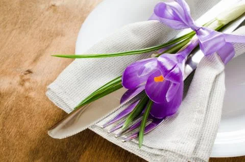 Spring Festive Table Setting With Fresh Flower. Stock-Fotos