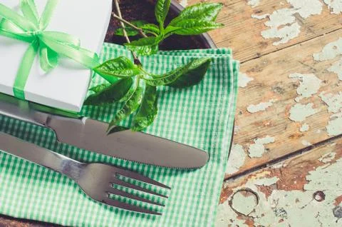 Spring Festive Table Setting in Rustic Style. Stock Photos