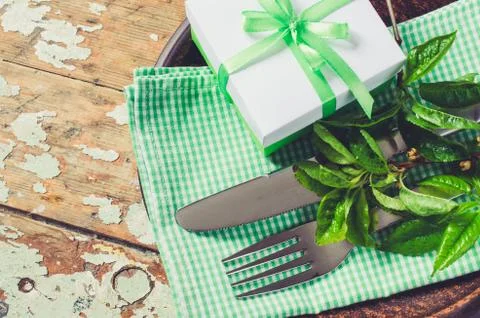 Spring Festive Table Setting in Rustic Style. Stock Photos