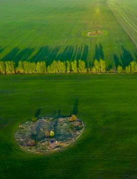 Spring fields, long shadows from landings at sunset from the quadrocopter Stock Photos