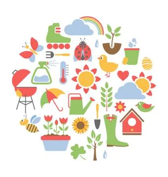 Spring flat icons in circle isolated on white Stock Illustration