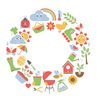 Spring flat icons in circle isolated on white Stock Illustration