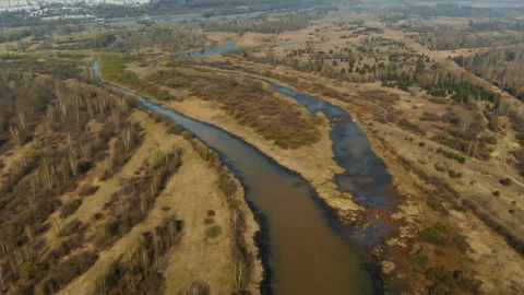 Spring flood of the river. Filming from above Видео 109151201