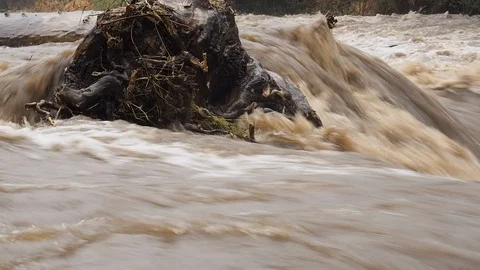 Spring Flooding And Fast Moving River Stock Footage 91865207
