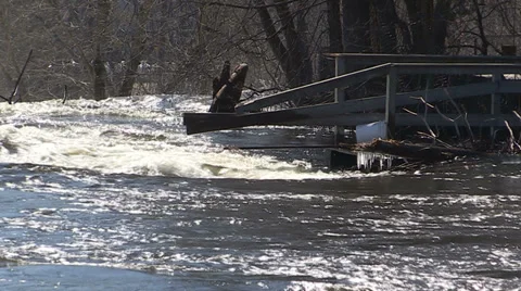 Spring flooding and rushing water after long cold snowy winter Stock Footage 39355963