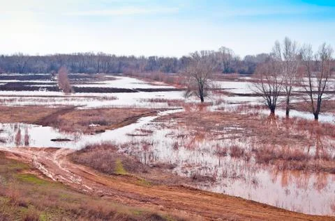 Spring flooding. submerged fields Stock Photos