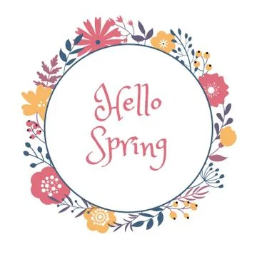 Spring floral circle frame design on white background. Stock Illustration
