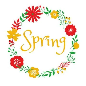 Spring floral circle frame design on white background. Stock Illustration