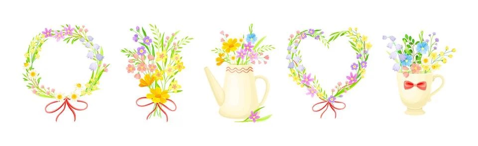 Spring Floral Composition with Blooming Flora Vector Set イラスト素材