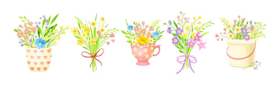 Spring Floral Composition with Blooming Flora Vector Set イラスト素材