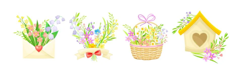 Spring Floral Composition with Blooming Flora Vector Set イラスト素材