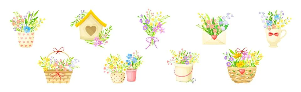 Spring Floral Composition with Blooming Flora Vector Set イラスト素材