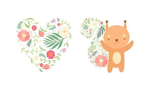 Spring Floral Composition with Heart and Cute Squirrel with Lush Flower Tail Stock Illustration