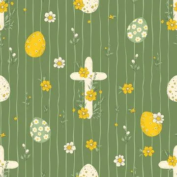 Spring Floral Easter Egg Seamless Pattern Vector Stock Illustration