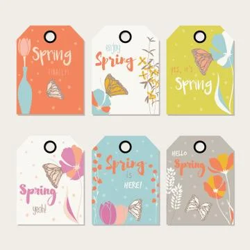 Spring floral gift tag design, with hand drawn flowers Stock Illustration
