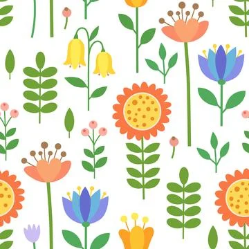 Spring floral pattern with abstract flowers and leaves. Stock Illustration