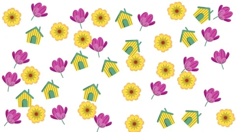 Spring Floral Pattern with Cute Yellow Houses and Flowers on White Background Stock Footage 345539597