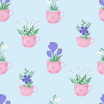 Spring floral seamless pattern. Bouquet flowers of snowdrop, May lilies of .. Stock Illustration