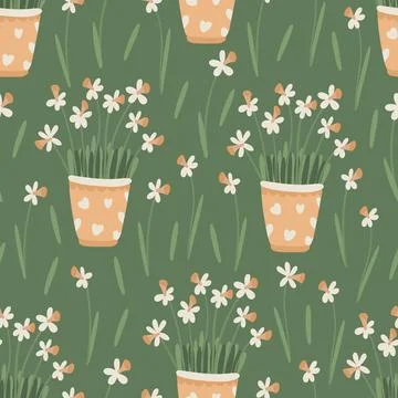 Spring floral seamless pattern with daffodil flowers in pots. Stock Illustration