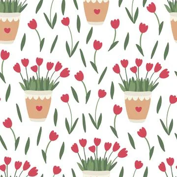 Spring floral seamless pattern with red tulip flowers in pots. Stock Illustration