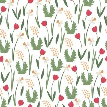 Spring floral seamless pattern with tulip flowers, daffodils and mimosa Stock Illustration