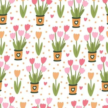 Spring floral seamless pattern with tulip flowers in pots. Stock Illustration