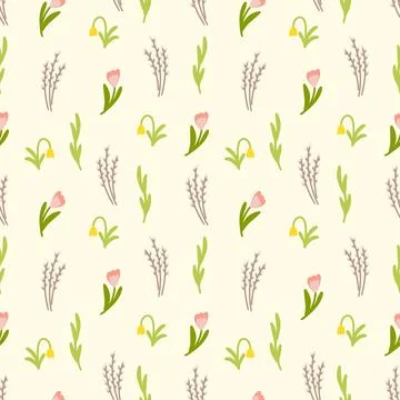 Spring floral seamless pattern with tulips willow branches and leaves Stock Illustration