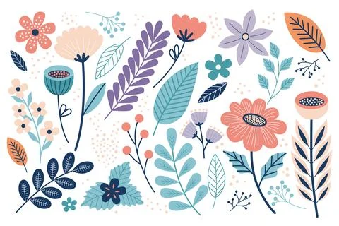 Spring floral vector set with abstract flowers, leaves and organic shapes i.. Illustrazione stock