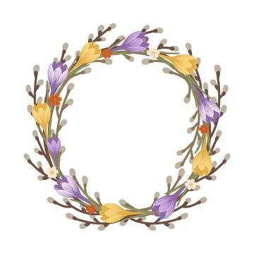 Spring floral wreath featuring crocus and pussy willow 스톡 일러스트