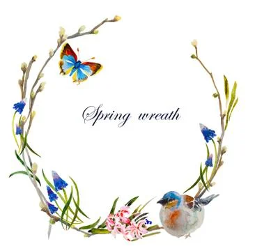 Spring floral wreath pattern with twigs, butterfly and chaffinch bird. Original Stock Illustration