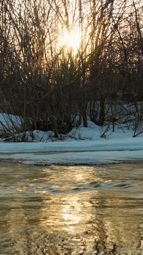 Spring. The flow of a freshwater river in the rays of the setting sun. Stock Footage 331443214