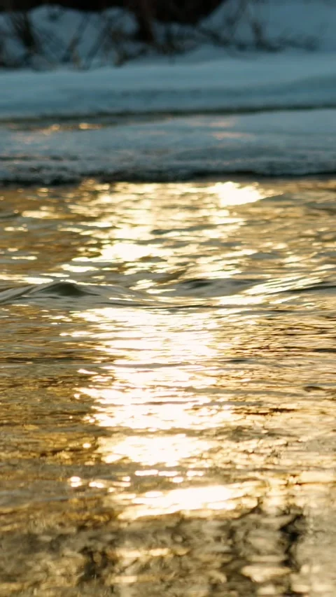 Spring. The flow of a freshwater river in the rays of the setting sun. Stock Footage 331443687
