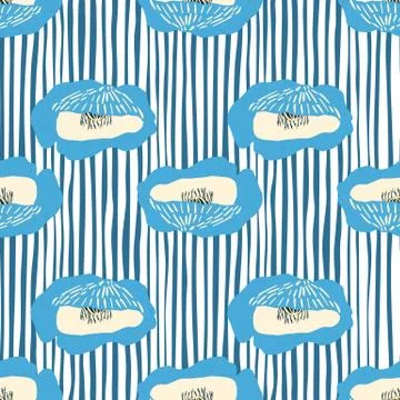 Spring flower buds seamless pattern. Stylized poppy print and stripped backgr Illustrazione stock